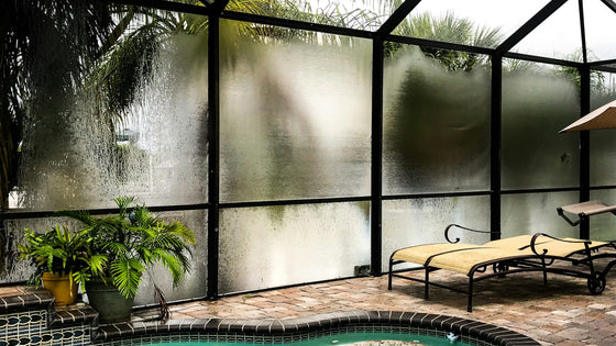 Screened pool lanai with tropical plants and lounge chairs at a home in Port Charlotte