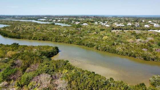 Aerial view of a Cape Coral waterway winding through mangroves, with homes along the far shore
