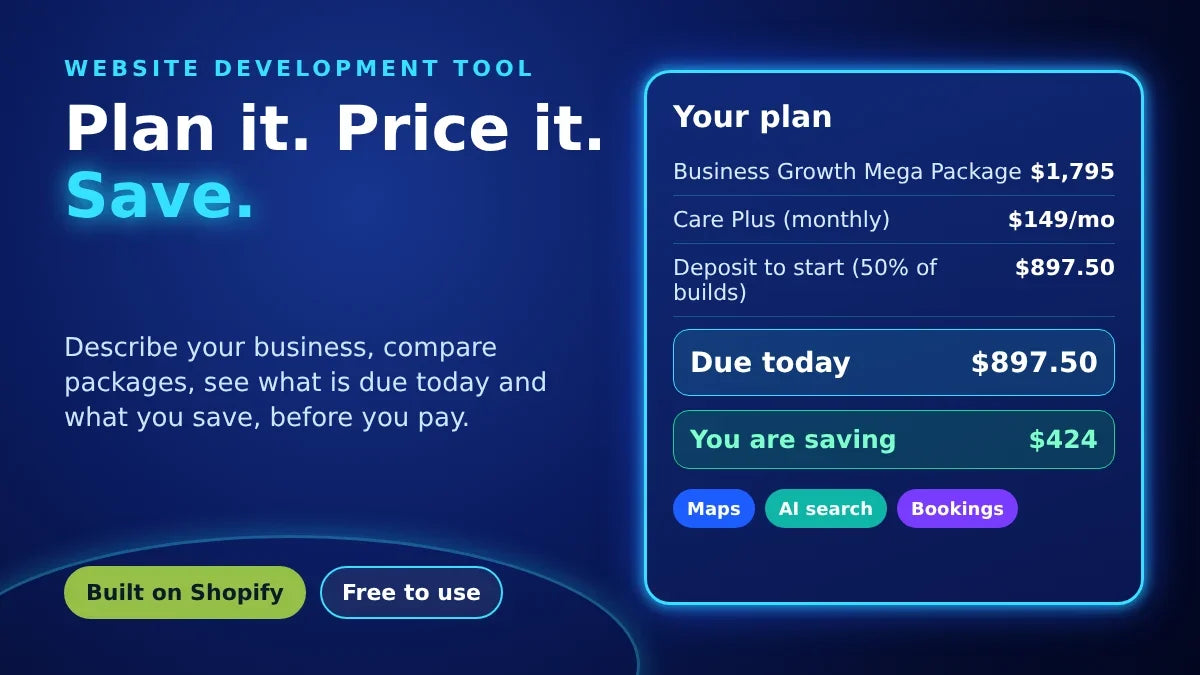 Website Development Tool plan card showing a Shopify website plan with the amount due today and the savings, built on Shopify