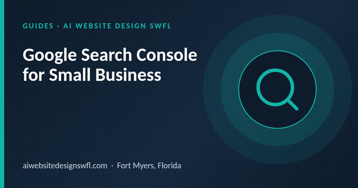 Illustration of a magnifying glass icon beside the article title: Google Search Console for Small Business