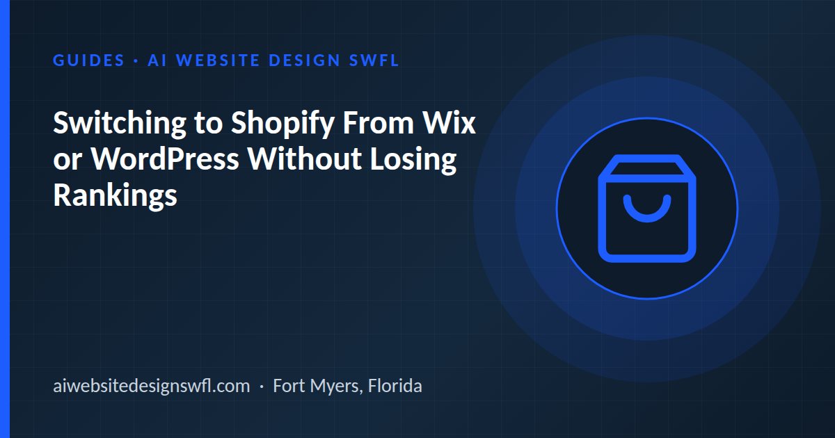 Illustration of a shopping bag icon beside the article title: Switching to Shopify From Wix or WordPress Without Losing Rankings