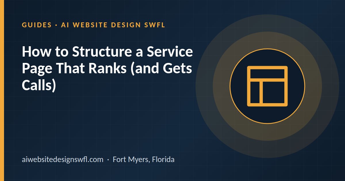 Illustration of a page layout icon beside the article title: How to Structure a Service Page That Ranks (and Gets Calls)