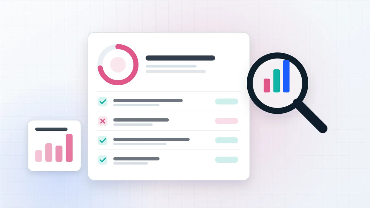 A website audit report with a score ring and a checklist of passed and failed items under a magnifying glass