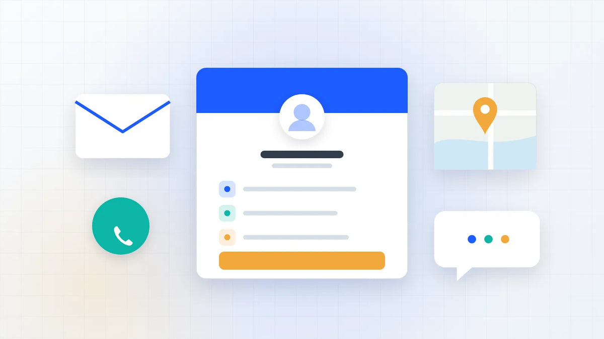 A contact card with email, phone and location details, surrounded by an envelope, a phone icon, a map pin and a chat bubble