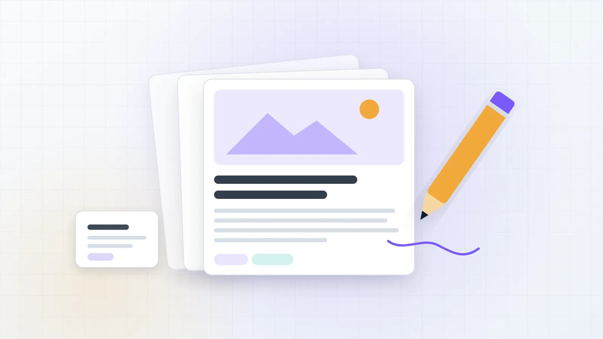 Stacked blog article cards with images and headlines beside a pencil drawing a line