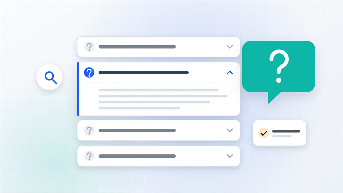 A list of frequently asked questions with one answer expanded, beside a large question-mark speech bubble