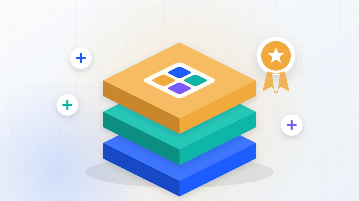 Three stacked service layers in blue, teal and amber bundled together with a ribbon badge