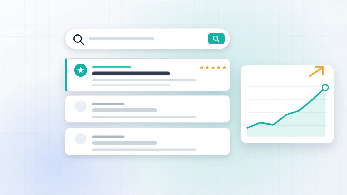 A search bar above ranked search results with the top result highlighted, next to a rising rankings chart