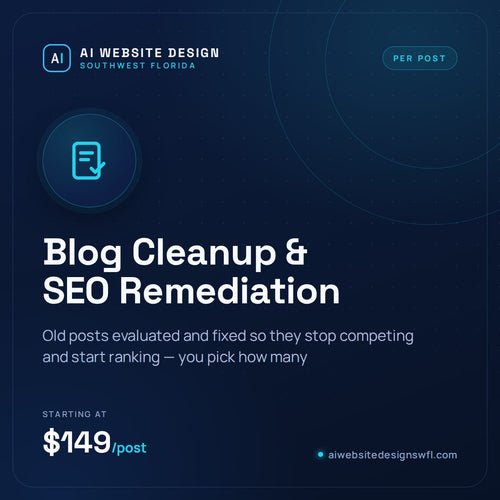 Blog Cleanup & SEO Remediation by AI Website Design: old blog posts evaluated and fixed, from $149 per post