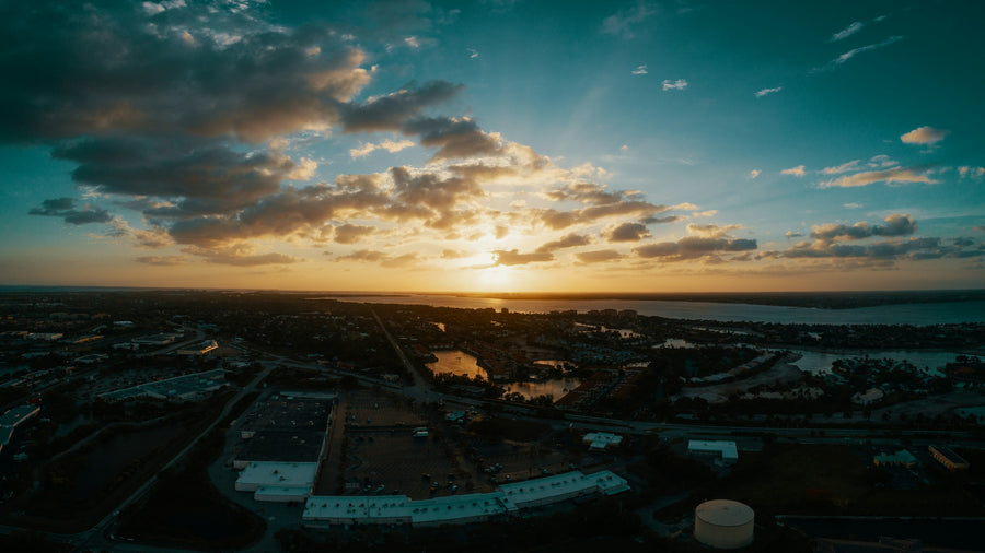 Aerial view over Fort Myers and the Caloosahatchee River at sunset, Southwest Florida